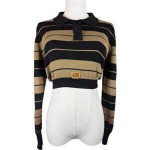 FB County Charlie Brown Crop Top 90s Style Black and Tan striped Sweater sz Sm